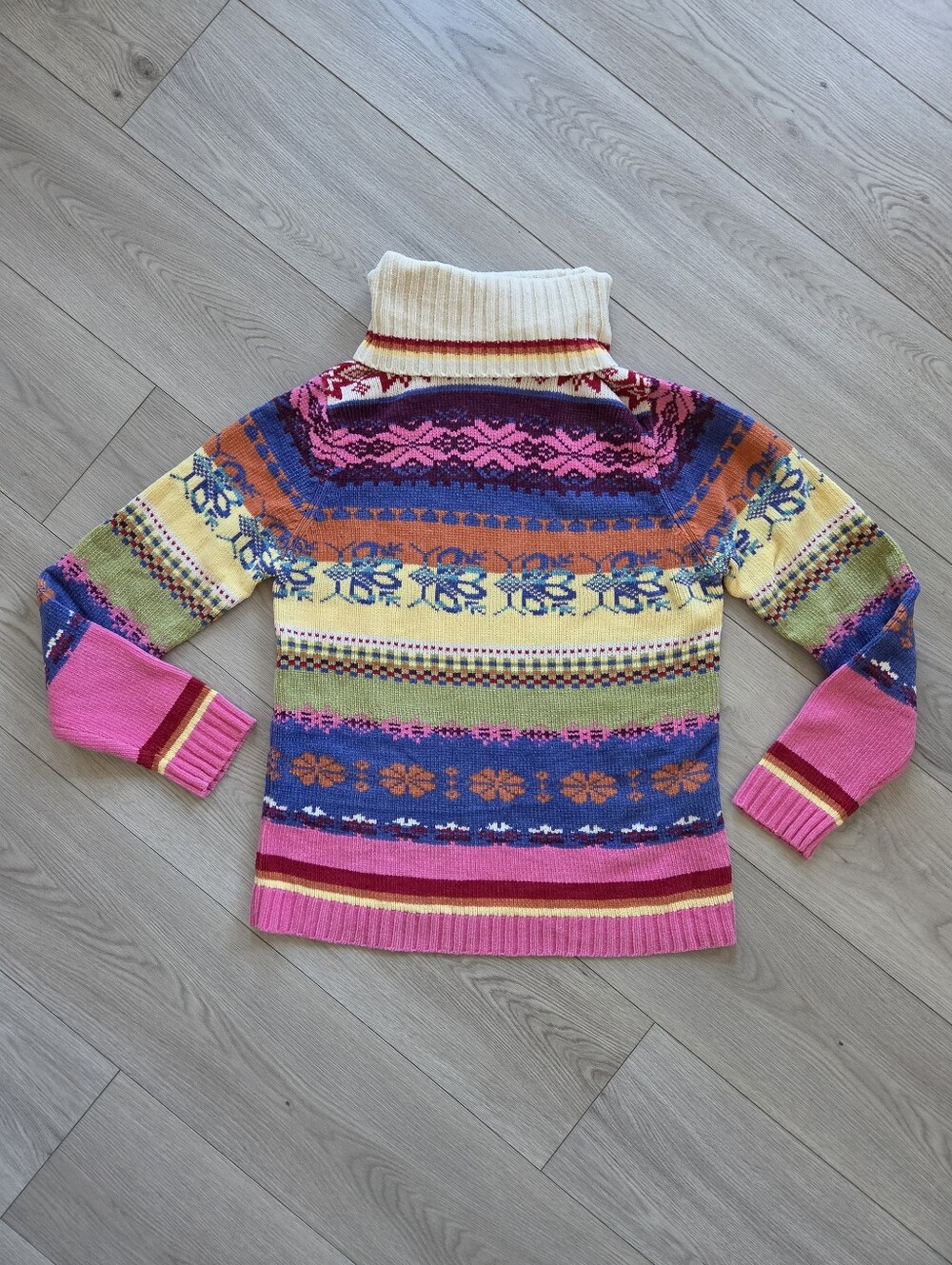 Vintage Vibrant Fair Isle Turtleneck Sweater Multicolor Boho Ski Knit, Med